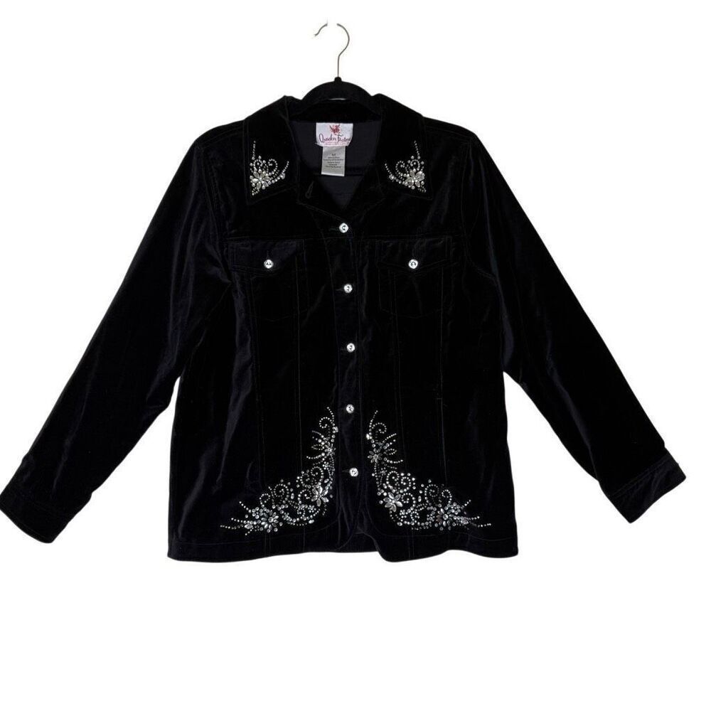 Quacker Factory Black‎ Cotton Velveteen Embellished Jacket Sz M Western, Cowgirl